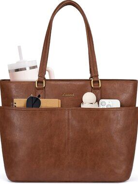 15.6 Inch Laptop Bag for Women, Vintage Leather Work Tote with Large Cup Holder